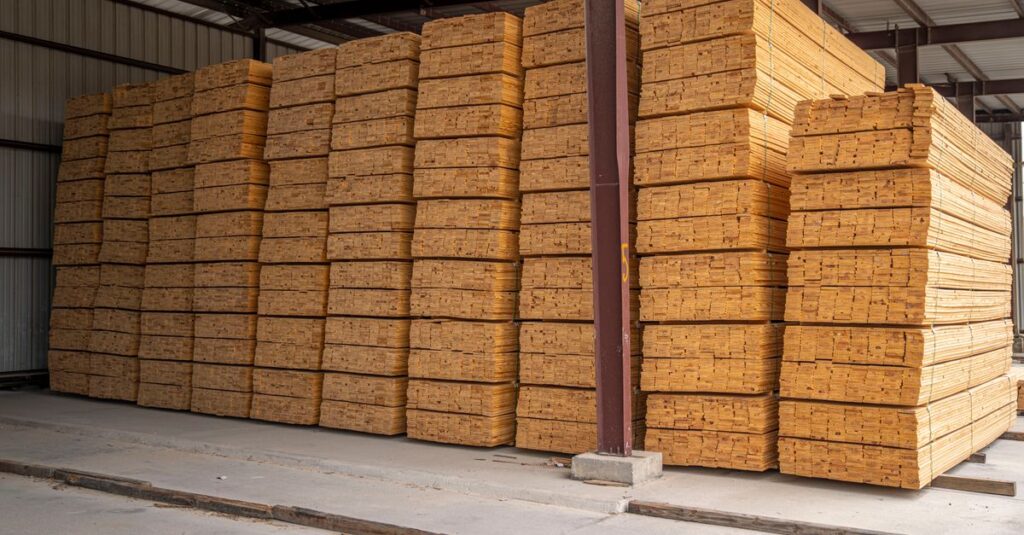 Large stacks of neatly arranged wood planks in an industrial storage facility.