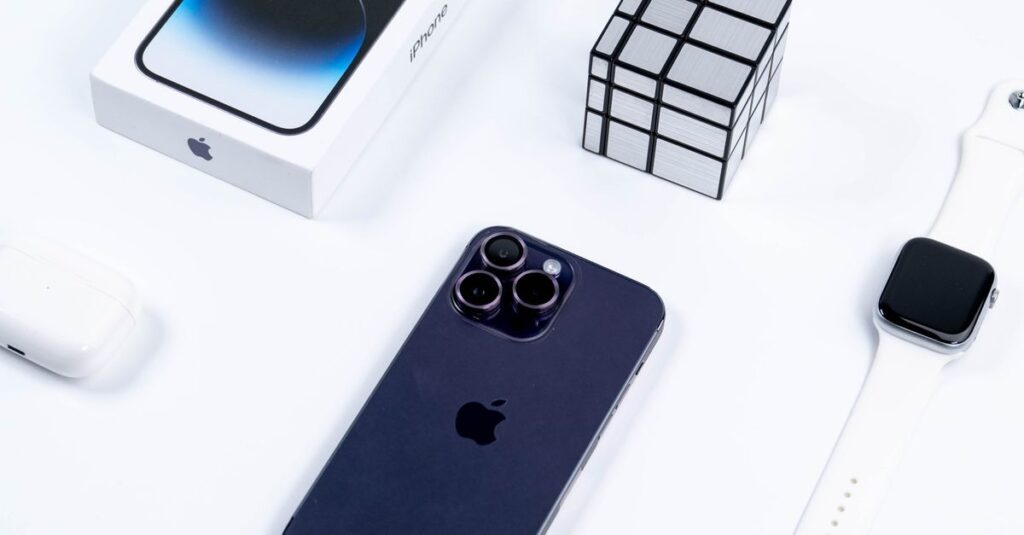 Minimalist layout of Apple iPhone, smartwatch, and accessories in studio setup.