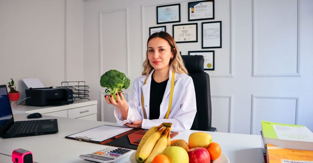 Female nutritionist in office holding broccoli, surrounded by fruits, promoting healthy lifestyle.