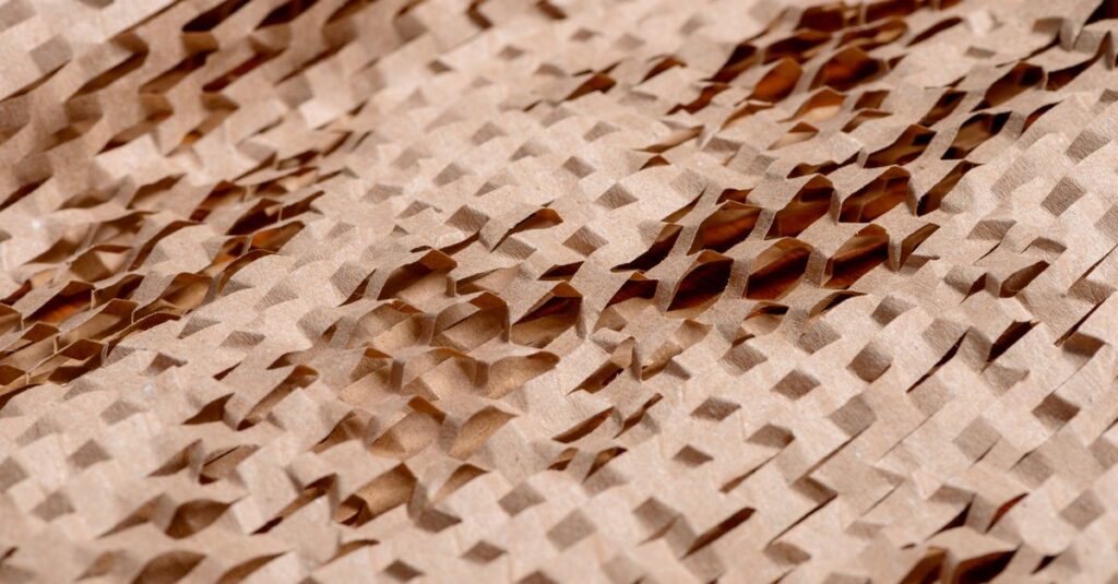Detailed view of an intricate, textured brown paper pattern with cut-out layers.