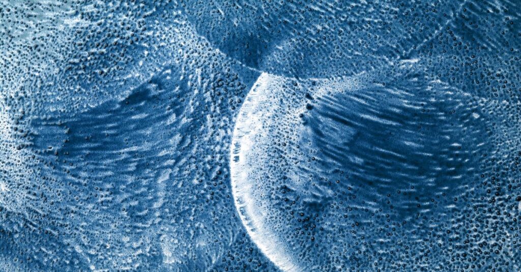 Abstract close-up of textured blue ice patterns showing circle formations and intricate details.