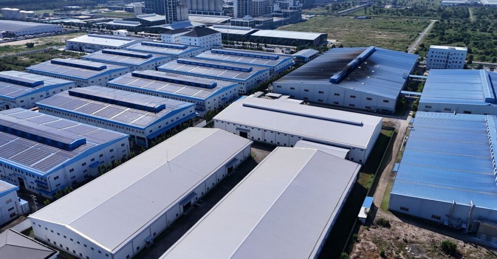 Aerial shot showcasing a large industrial park in Thành phố Thủ Dầu Một, Bình Dương, Vietnam.
