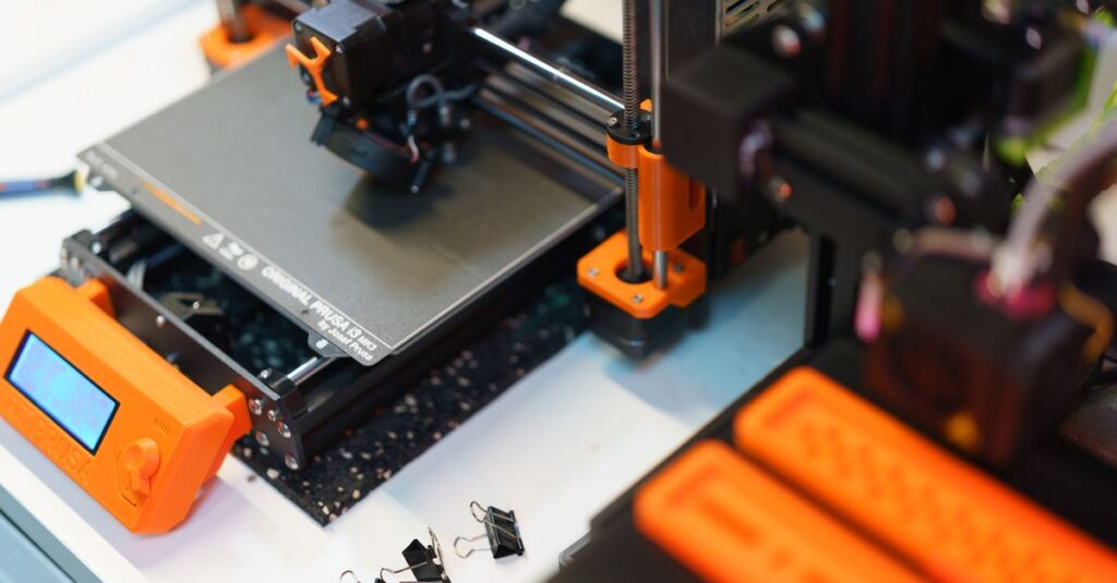 Detailed view of a 3D printer in a modern industrial setting, showcasing technology and creativity.