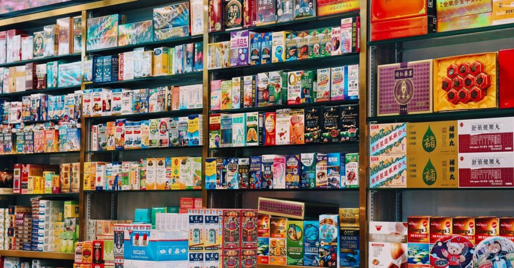 Bright and colorful display of various Asian products on supermarket shelves.
