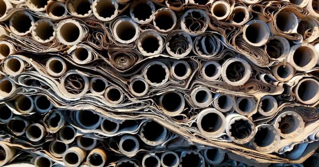 Close-up view of stacked rolled paper tubes, showcasing texture and patterns.