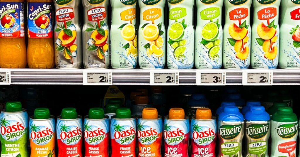 Vibrant shelves in a supermarket in Calais, France, displaying diverse fruit juice bottles.