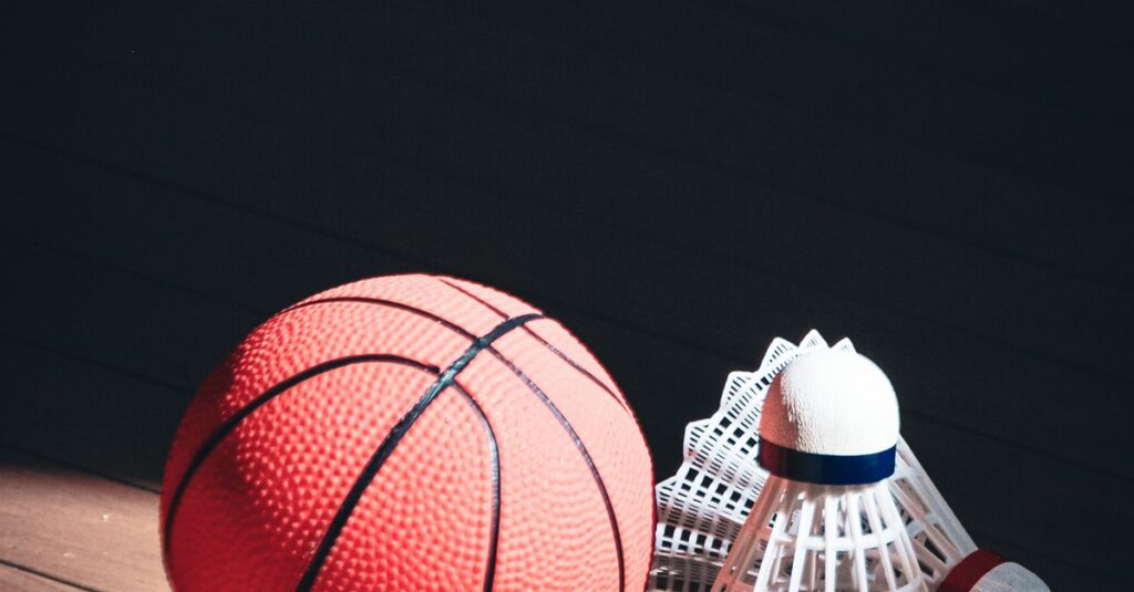 A basketball and shuttlecocks on a wooden floor, highlighting sports equipment contrast.