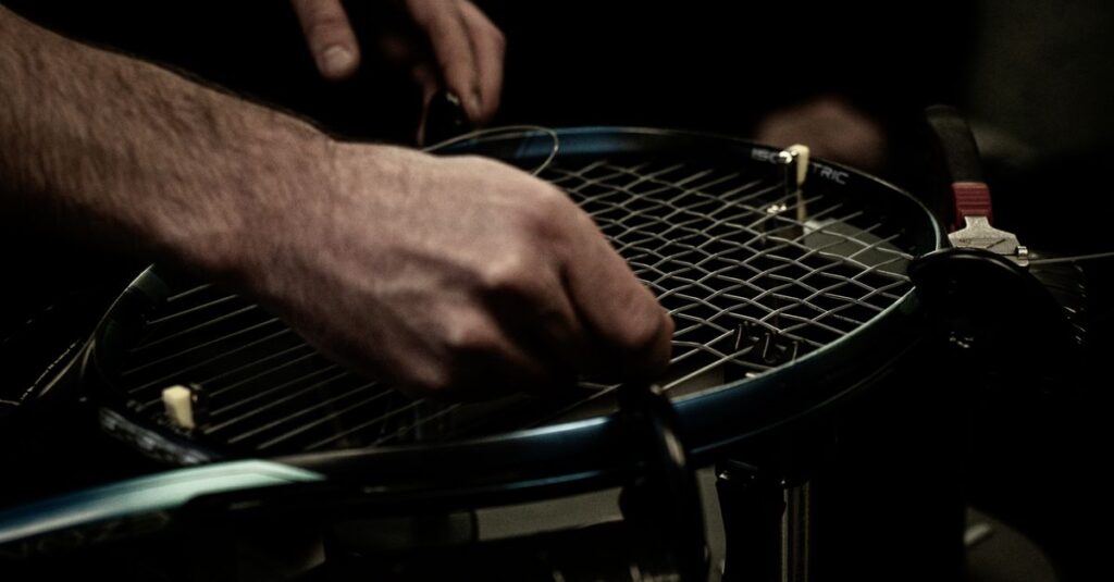 Close-up shot focused on precise stringing of a tennis racket, showing detailed craftsmanship.