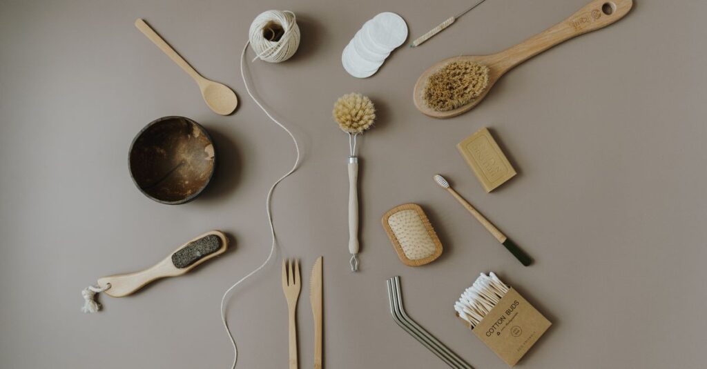 Flat lay of assorted eco-friendly kitchen and bath items promoting zero waste lifestyle.