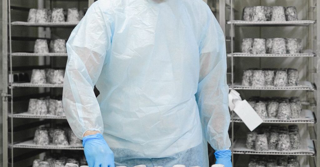 A worker in hygienic clothing handling food storage in a production facility.