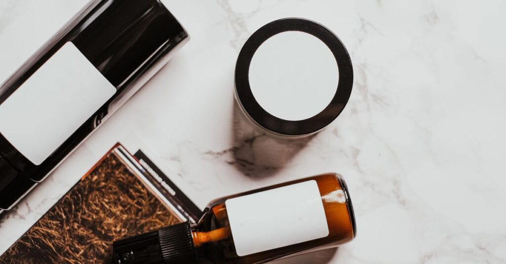 A flat lay of skincare products on a marble surface, showcasing a minimalistic and modern design.