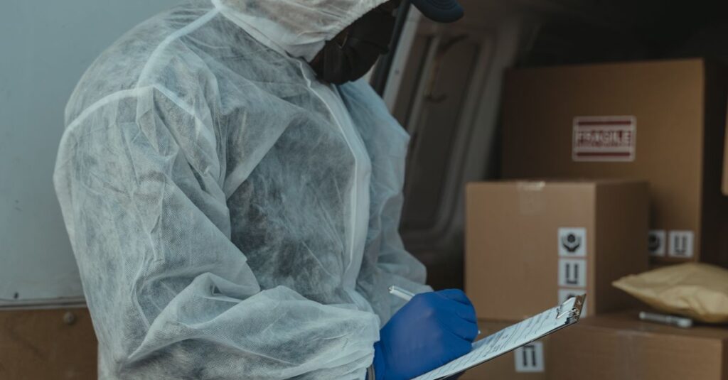 A logistics worker in PPE inspects packages in a delivery van for shipment.
