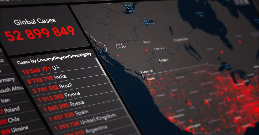 Digital monitor with World map and COVID 19 statistical data of global confirmed cases
