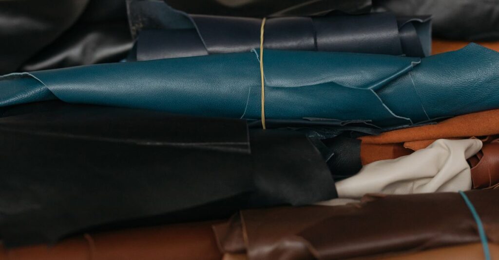Close-up view of colorful leather rolls, perfect for crafting and textile production.
