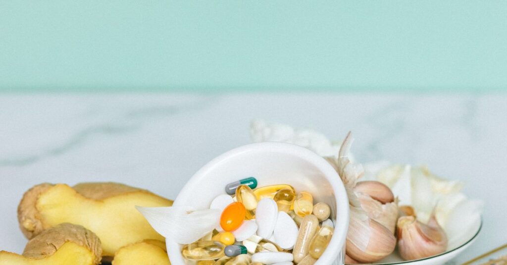 A selection of natural supplements featuring ginger, garlic, and herbs for holistic health benefits.