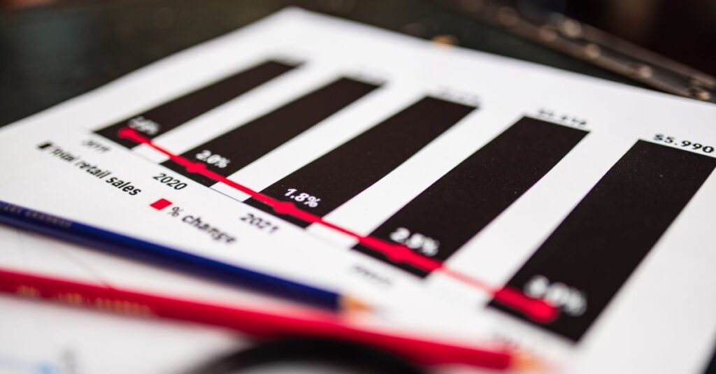Close-up of a financial report showing sales data with dramatic depth of field.