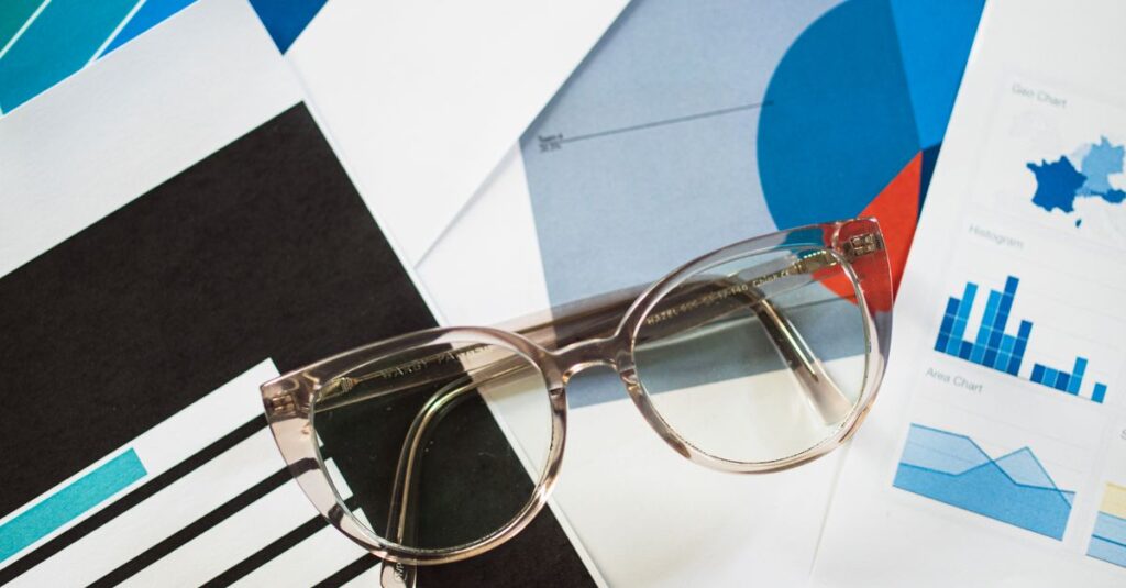 Eyeglasses resting on business charts and documents, ideal for financial analysis themes.