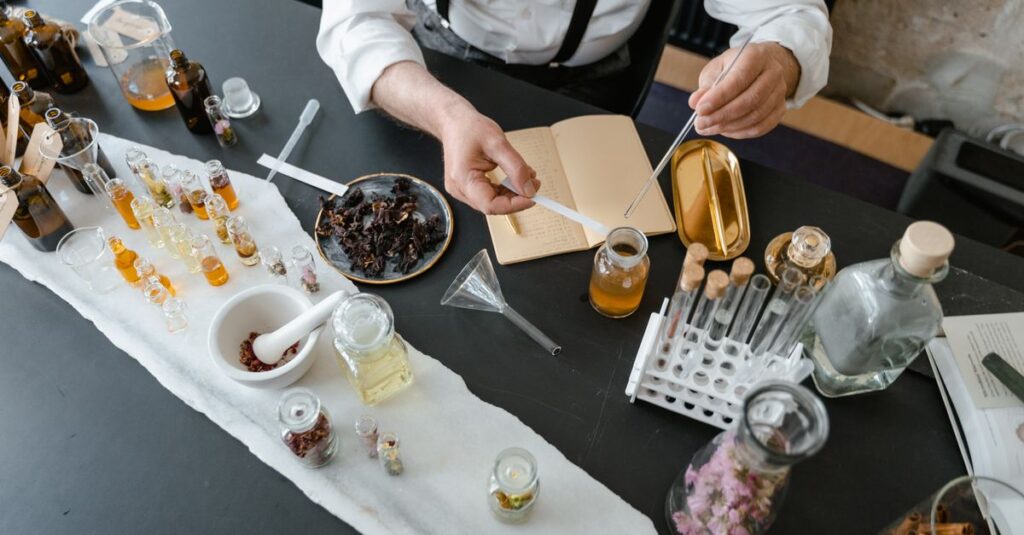 A detailed setup of an artisanal perfume-making process in a laboratory environment.