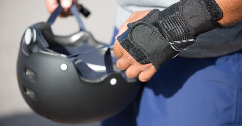 Detailed view of hands handling a helmet and wearing protective gear outdoors.
